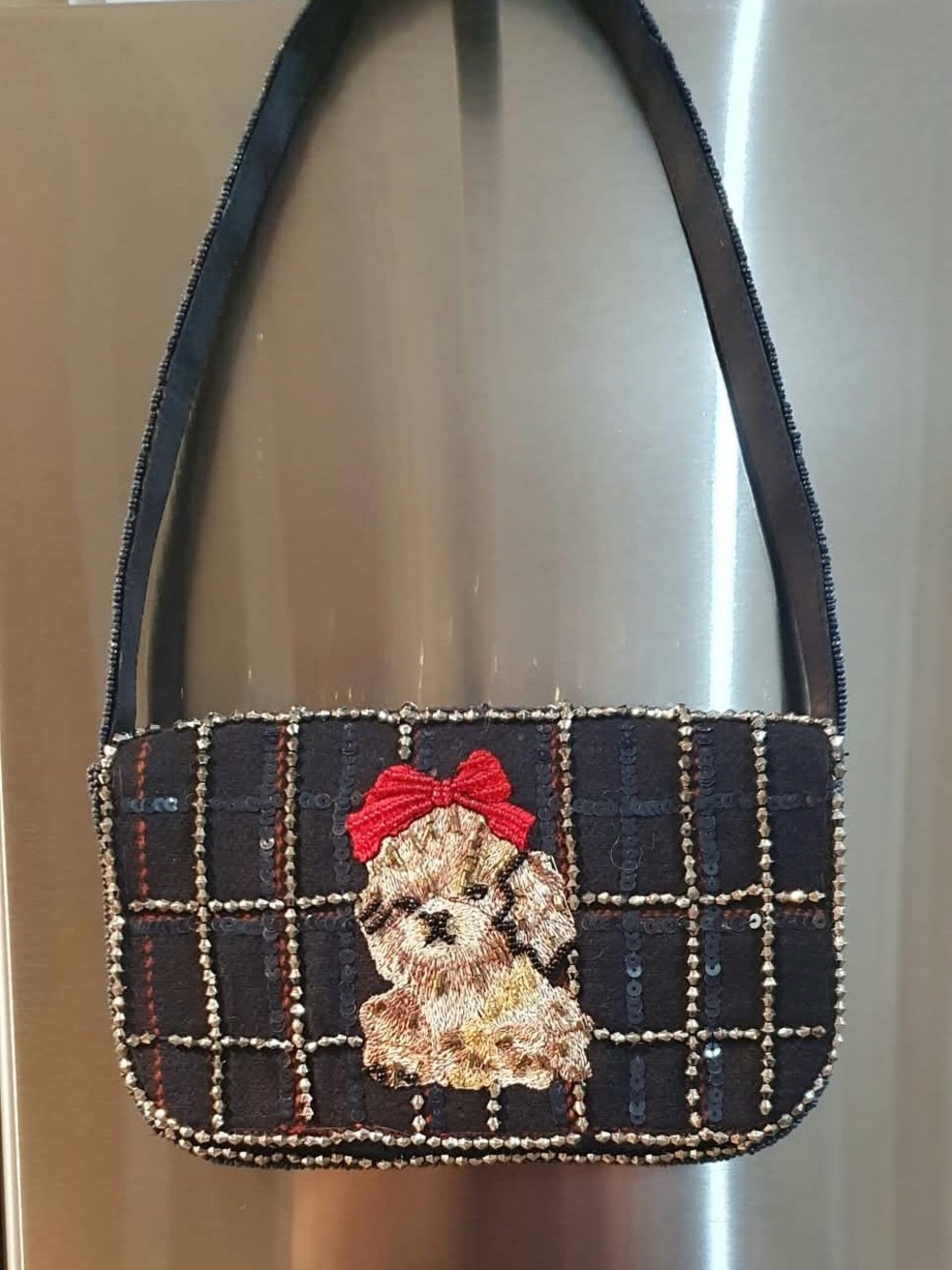 🐕 Beaded Navy Plaid Shoulder Bag with Embroidered Puppy and Red Bow